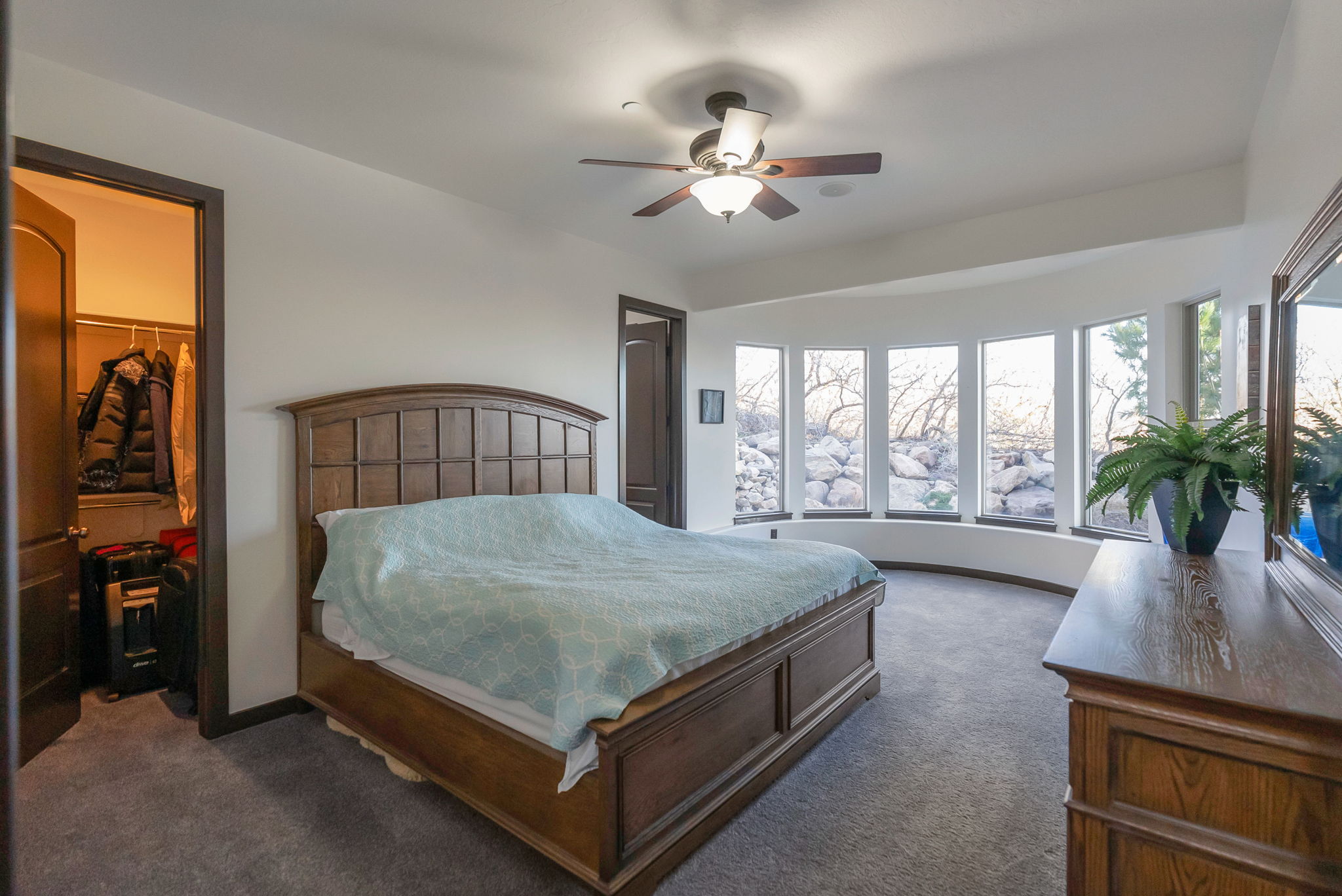 Bedroom featuring dark colored carpet, ceiling fan, and a spacious closet