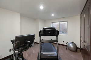 Workout area featuring baseboards and carpet flooring