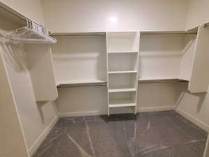 Walk in closet featuring dark colored carpet