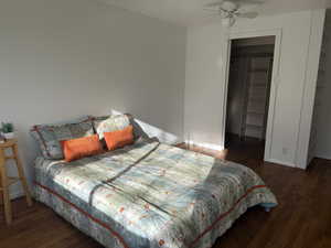 Primary Bedroom featuring dark wood-type flooring, ceiling fan, and a spacious closet