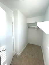 Walk in closet featuring light colored carpet