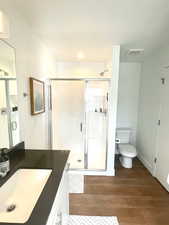 Full bathroom featuring a stall shower, vanity, and dark wood-type flooring