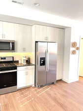 Kitchen featuring stainless steel appliances, light wood finished floors, and recessed lighting