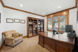 Office area featuring ornamental molding, light carpet, and recessed lighting