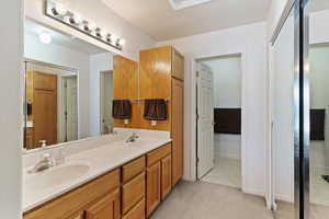Full bathroom featuring double vanity and light carpet
