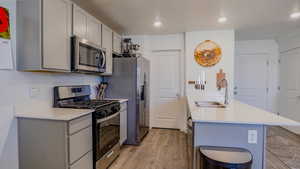 Kitchen with stainless steel appliances, gray cabinets, light wood-style flooring, light stone counters, and recessed lighting