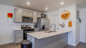 Kitchen with a peninsula, gray cabinets, stainless steel appliances, dark wood-style floors, and recessed lighting