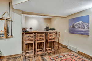Indoor wet bar featuring hardwood / wood-style flooring and a textured ceiling