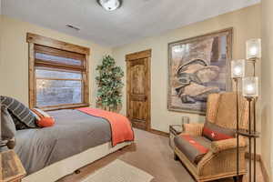 Carpeted bedroom with a textured ceiling and baseboards