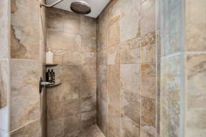 Bathroom view of a tile shower