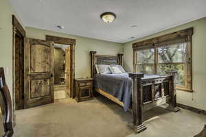 Bedroom featuring carpet floors, a textured ceiling, and ensuite bathroom