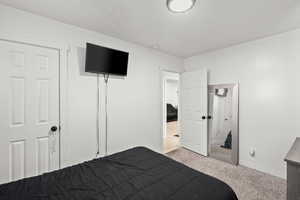 Bedroom with light colored carpet and baseboards