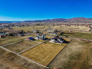 Overview of rural landscape featuring a mountainous background