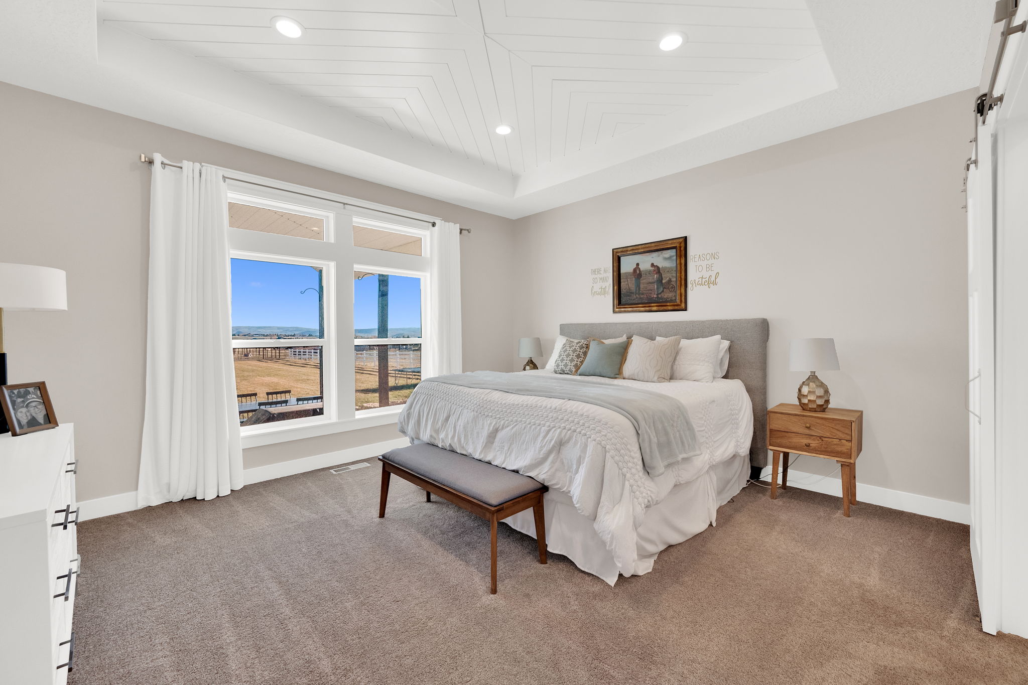 Bedroom featuring a raised ceiling, carpet flooring, a barn door, and recessed lighting