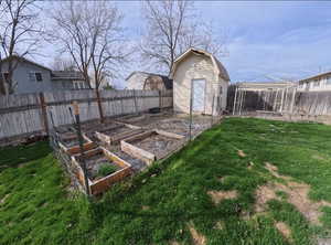 Fenced backyard featuring an outbuilding and a garden