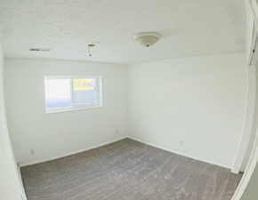 Carpeted empty room with a textured ceiling and baseboards
