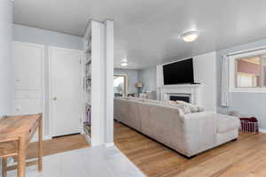 Living area with light wood-style floors and a fireplace