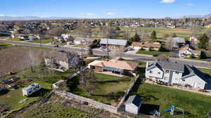 Aerial perspective of suburban area featuring mountains
