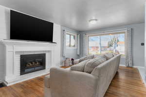 Living area featuring wood finished floors and a fireplace