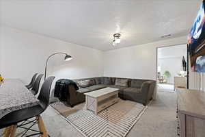 Living room with light colored carpet and a textured ceiling
