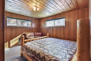 Bedroom featuring wood walls, carpet flooring, wooden ceiling, and heating unit