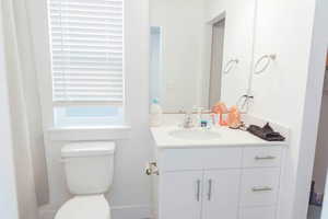 Full en suite bath featuring vanity and a shower with shower curtain