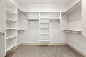 Walk in closet featuring light carpet