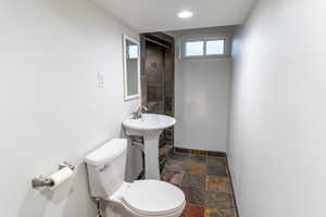 Bathroom with dark stone finish floors and toilet