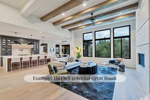 Living room featuring beam ceiling, light wood-style flooring, a fireplace, recessed lighting, and ceiling fan