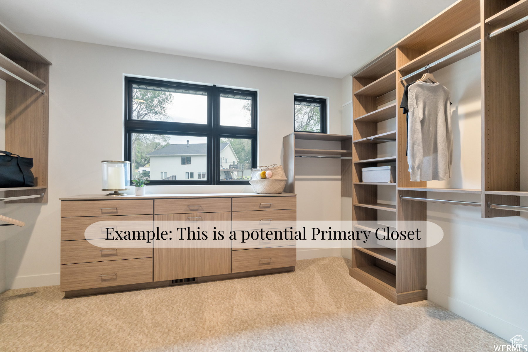 Walk in closet featuring light carpet