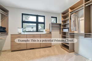 Walk in closet featuring light carpet