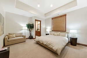 Bedroom featuring a tray ceiling, ensuite bathroom, and light colored carpet
