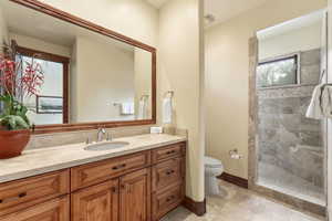 Bathroom featuring a walk in shower and vanity
