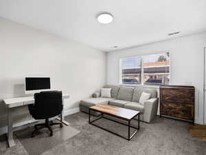 Office with carpet floors and a textured ceiling