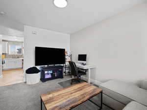 Office with light colored carpet and parquet flooring