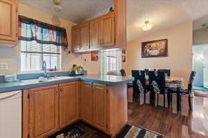 Kitchen featuring dishwasher, a peninsula, wood finish cabinets, dark wood-type flooring, and light countertops