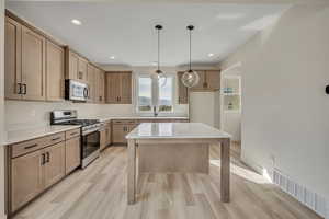 Kitchen featuring stainless steel appliances, light wood finished floors, decorative light fixtures, light stone countertops, and a center island