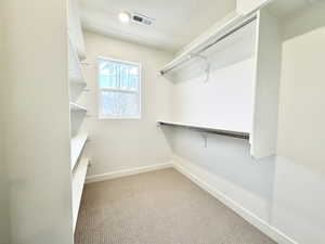 Walk in closet with light colored carpet