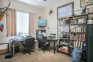 Office with light colored carpet and ceiling fan