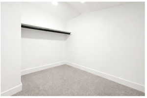 Walk in closet with carpet floors and vaulted ceiling
