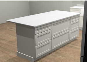 Detailed view of a center island, light wood-style floors, freestanding refrigerator, and light countertops