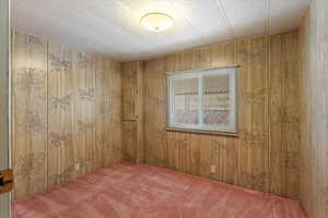 Carpeted empty room with wood walls and a textured ceiling