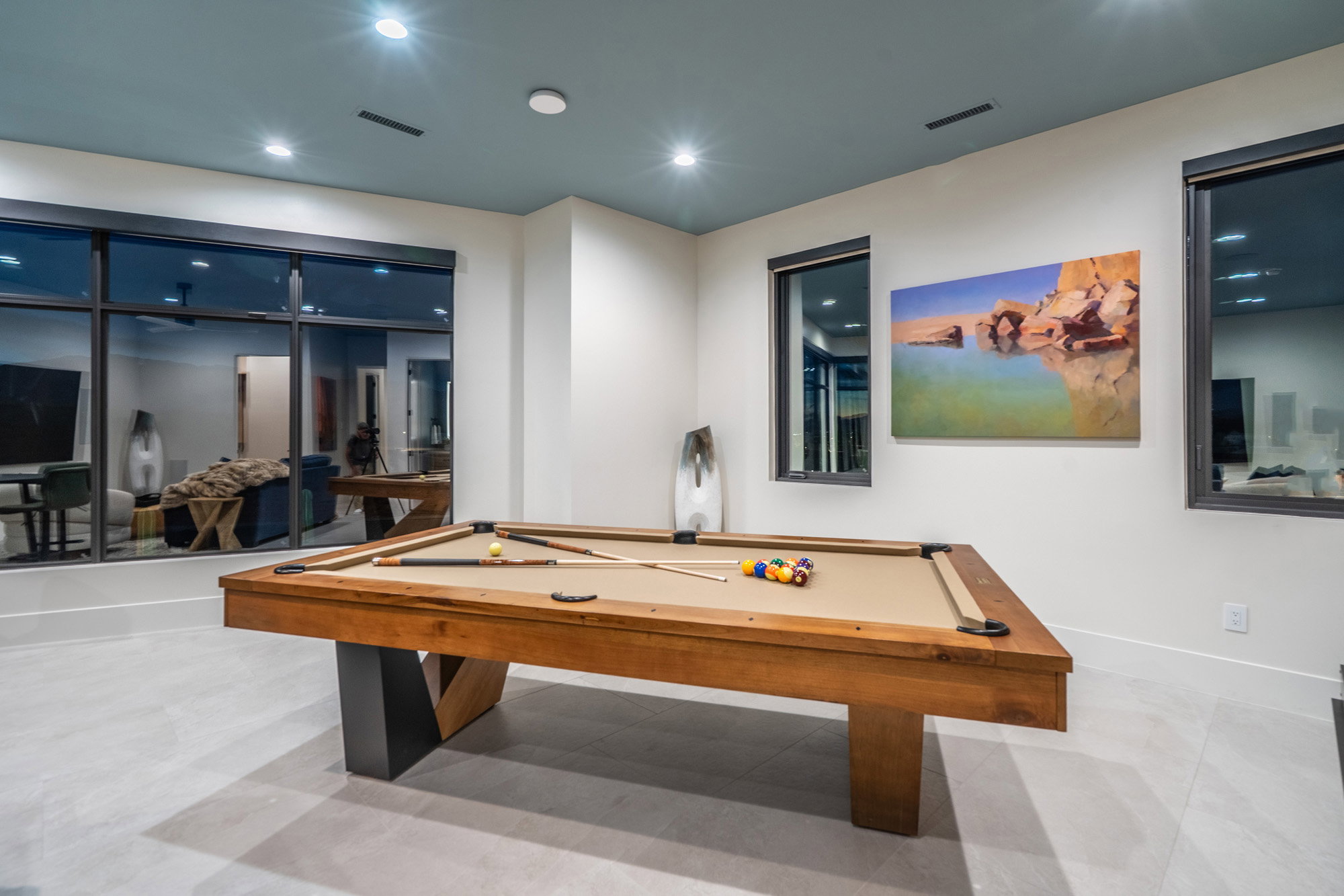 Playroom with billiards and recessed lighting