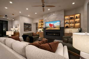 Living area with recessed lighting, a ceiling fan, and a fireplace