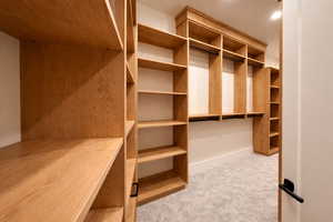 Walk in closet with light colored carpet