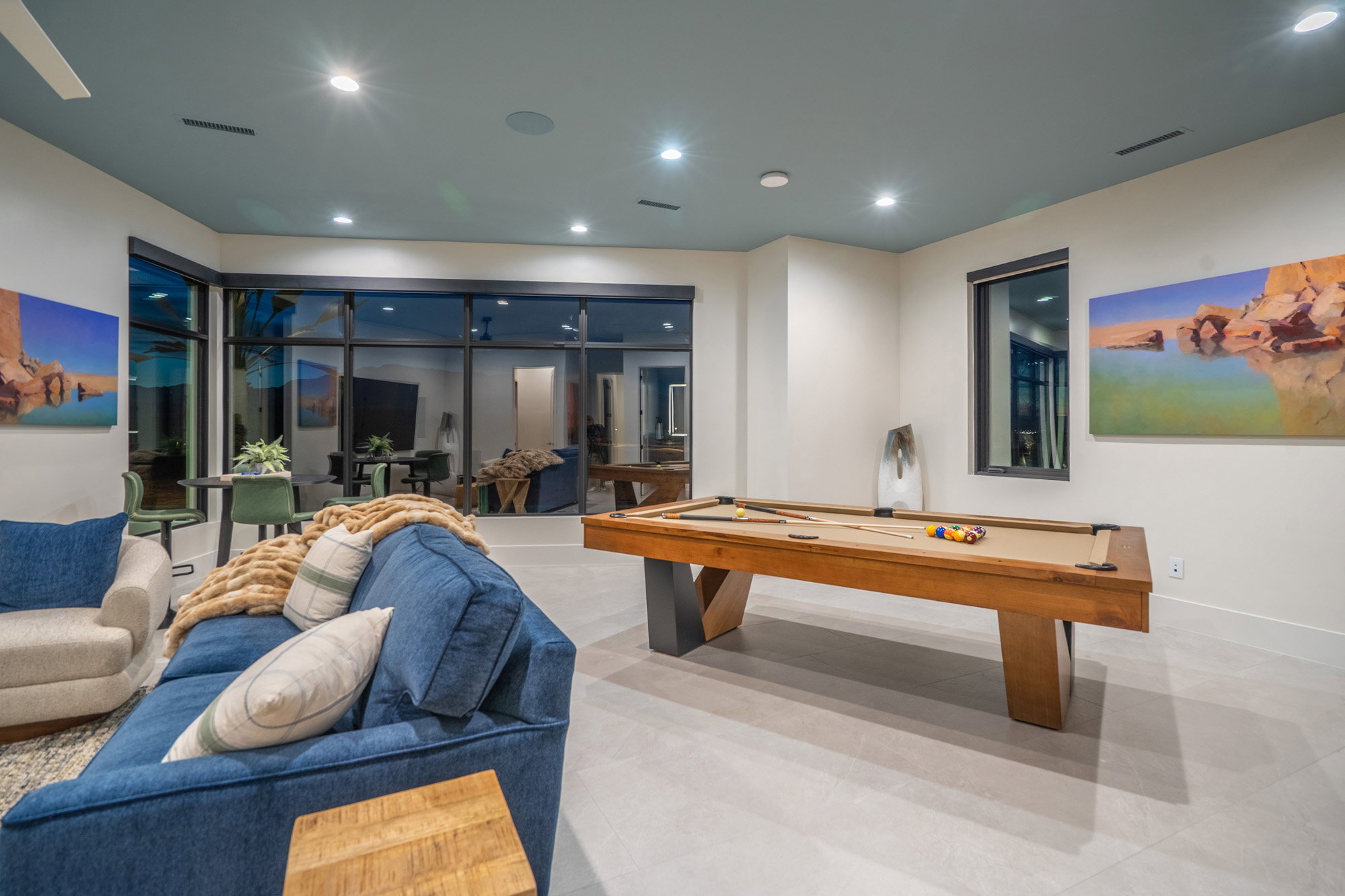 Playroom featuring billiards, recessed lighting, and tile patterned flooring