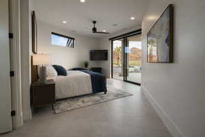 Bedroom featuring ceiling fan, recessed lighting, and access to outside