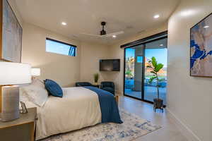 Bedroom with recessed lighting, access to outside, and ceiling fan