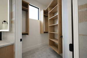 Walk in closet with light colored carpet