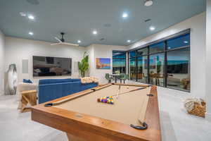 Recreation room featuring recessed lighting, billiards table, and ceiling fan